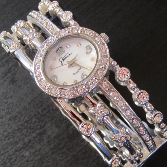 Fancy Bangle Watch Hinged Bracelet with MOP dial and Rhinestones - Picture 4 of 11